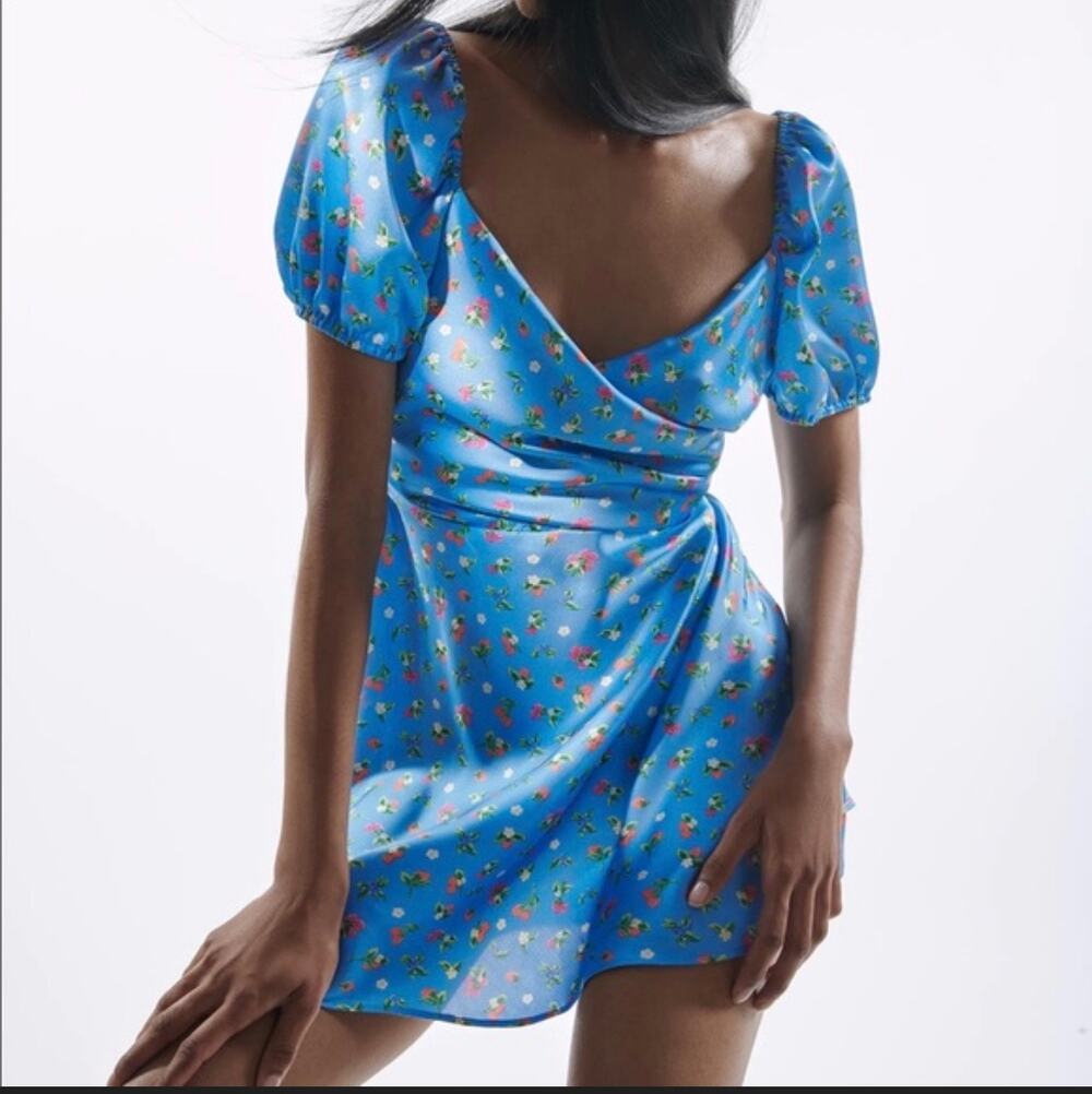 Zara fruit pattern blue mini dress size medium